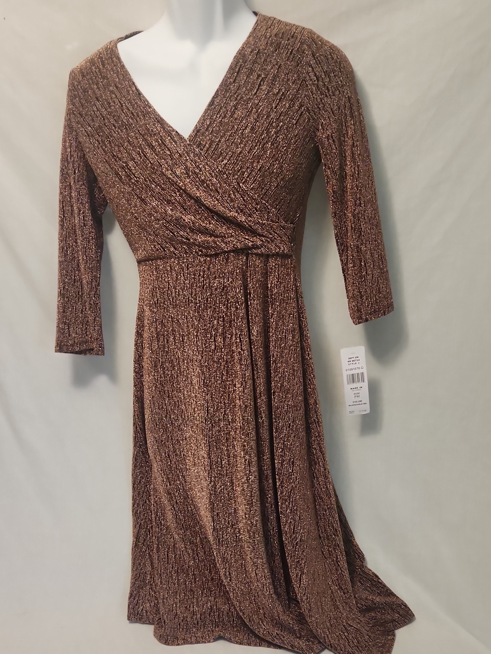 MSK Copper Metallic Long-Sleeve Wrap-Style Dress